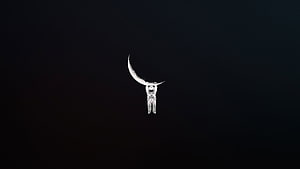 Minimalist Astronaut Hanging From Crescent Moon Against Dark Void HD wallpaper