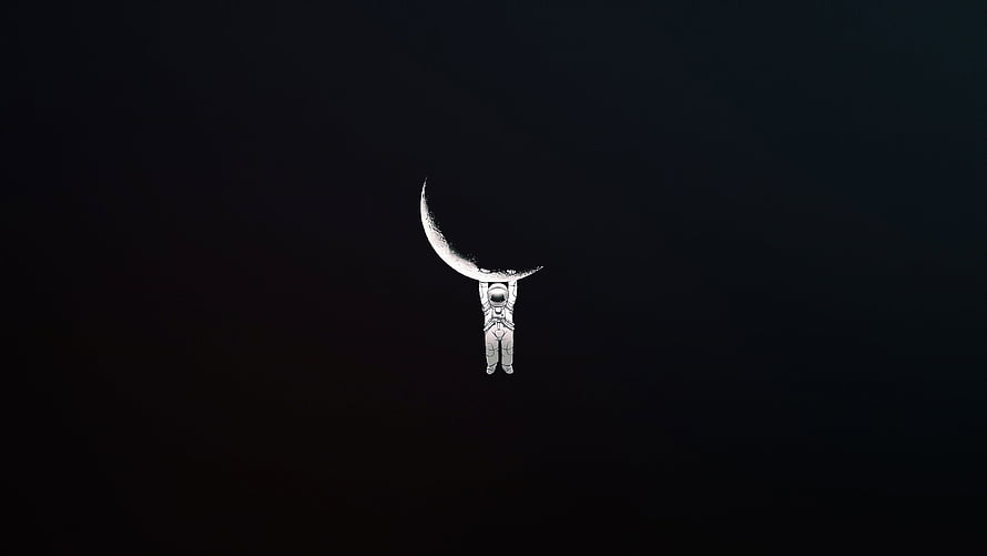 Minimalist Astronaut Hanging From Crescent Moon Against Dark Void HD wallpaper