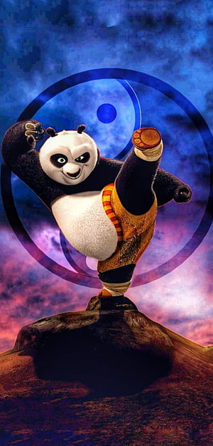 Po from Kung Fu Panda in a dynamic martial arts pose on a rocky peak against a mystical blue and purple sky HD phone wallpaper