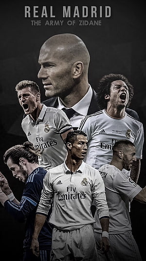 Real Madrid Squad and Zinedine Zidane Monochrome Football Poster HD phone wallpaper
