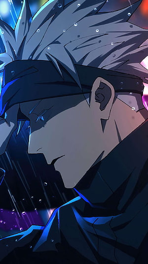Gojo Satoru Anime Character Profile with Spiky White Hair and Blue Eyes in Dramatic Lighting HD phone wallpaper