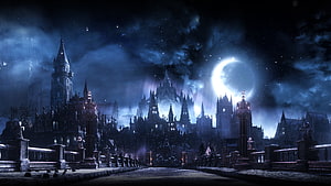 Mystical Gothic Castle Cityscape Under Crescent Moon And Starry Night Sky HD wallpaper
