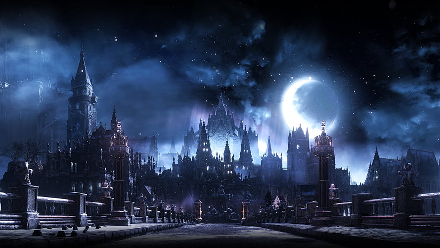 Mystical Gothic Castle Cityscape Under Crescent Moon And Starry Night Sky HD wallpaper