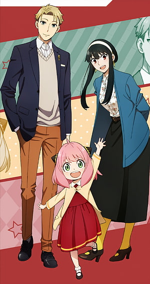 Spy x Family anime trio of Loid, Yor, and Anya in a cheerful family portrait HD phone wallpaper
