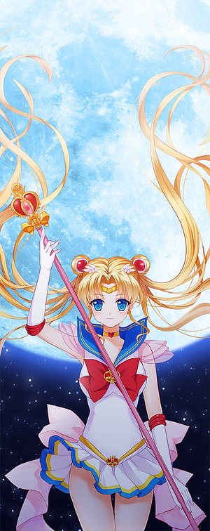 Sailor Moon in Super Sailor Moon Form Holding Wand Against Cosmic Sky HD phone wallpaper