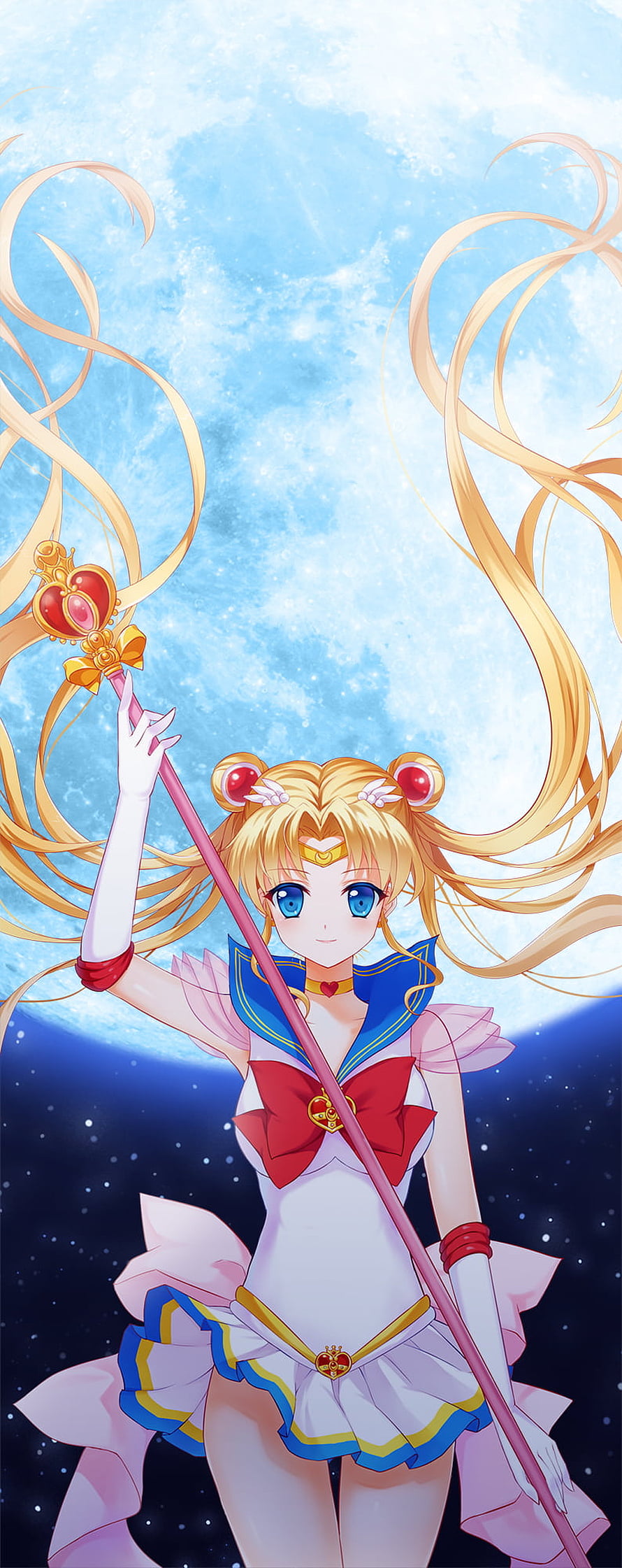 Sailor Moon in Super Sailor Moon Form Holding Wand Against Cosmic Sky HD phone wallpaper