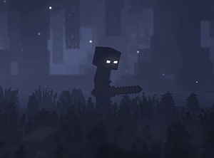 Herobrine Stalking Through a Dark Minecraft Forest at Night HD wallpaper