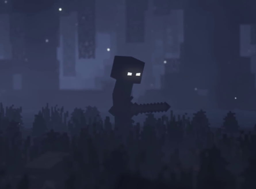 Herobrine Stalking Through a Dark Minecraft Forest at Night HD wallpaper