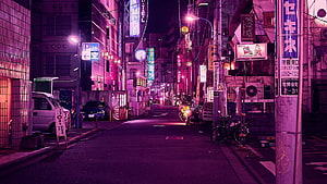 Neon-Lit Tokyo Alleyway at Night with Purple and Pink City Lights HD wallpaper