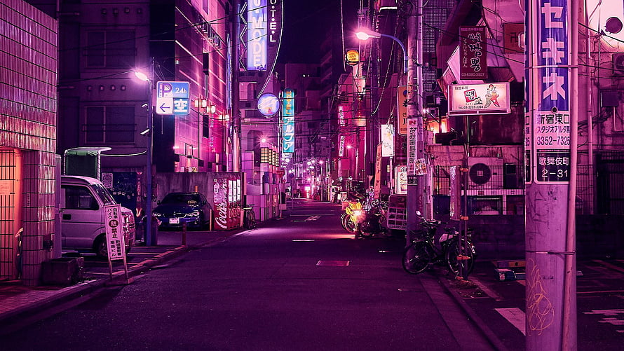 Neon-Lit Tokyo Alleyway at Night with Purple and Pink City Lights HD wallpaper