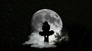 Silhouette of a Ninja Warrior Sitting on a Post Against a Giant Full Moon and Starry Night Sky HD wallpaper