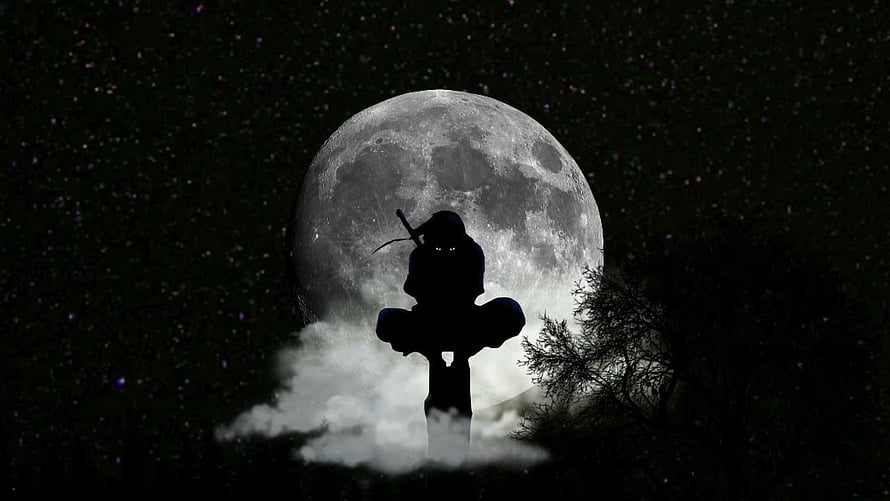 Silhouette of a Ninja Warrior Sitting on a Post Against a Giant Full Moon and Starry Night Sky HD wallpaper