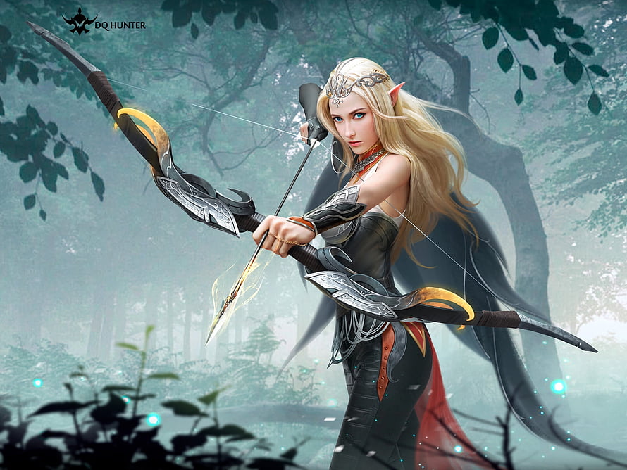 DQ Hunter Elf Archer Woman Drawing Bow in Misty Forest Fantasy Illustration, Archer, frumusete, fantasy, girl, luminos, dqhunter, dq hunter, elf HD wallpaper