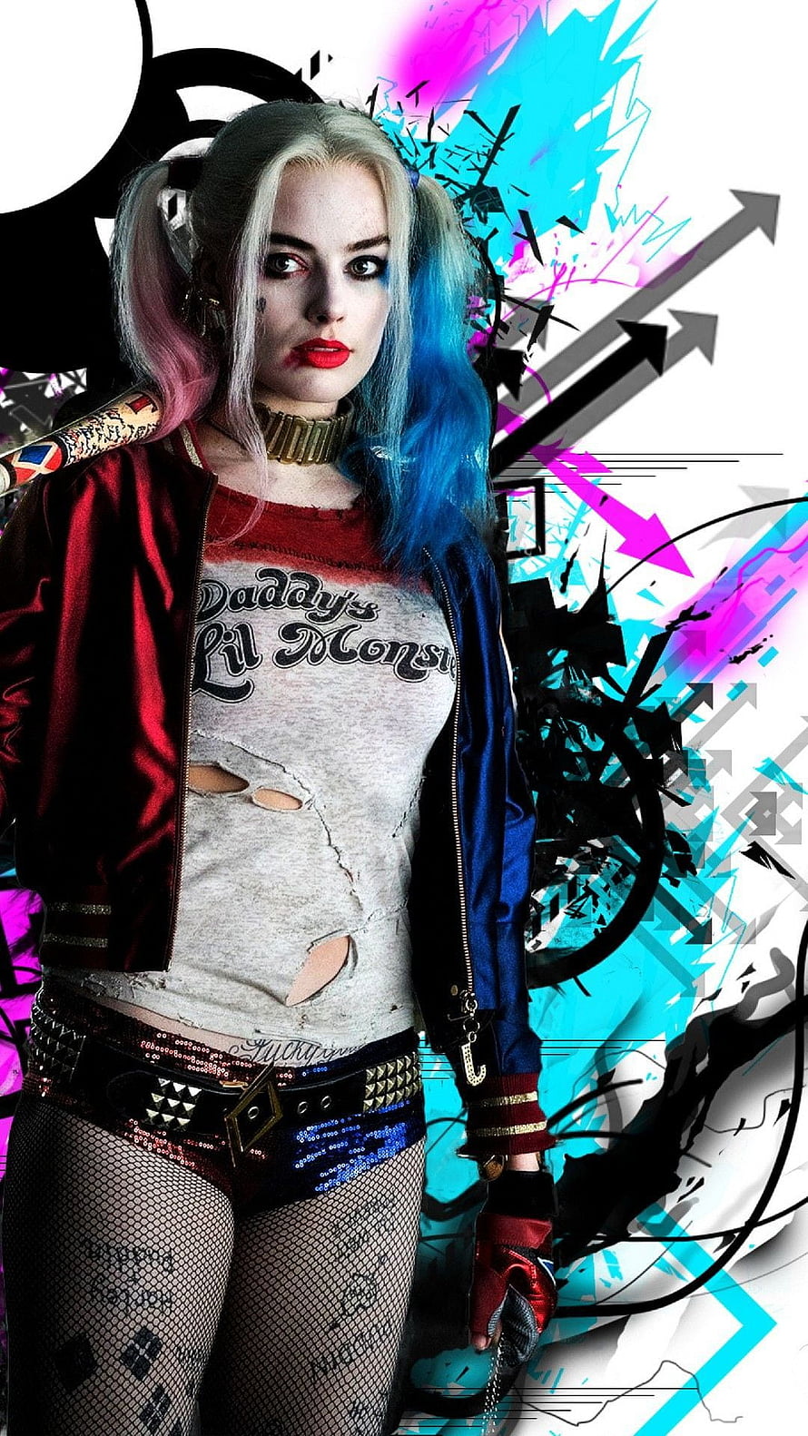 Harley Quinn in Two-Tone Pigtails and Ripped Tee with Abstract Neon Background HD phone wallpaper