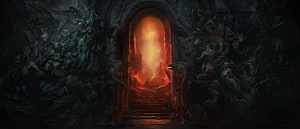 Diablo 4 Hell Gate: Fiery Portal in Dark Stone Cathedral with Tormented Figures HD wallpaper