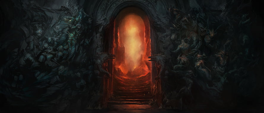 Diablo 4 Hell Gate: Fiery Portal in Dark Stone Cathedral with Tormented Figures HD wallpaper