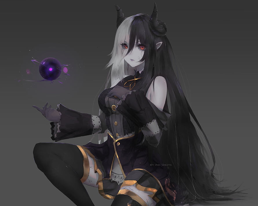 Anime girl with black and white hair, red eyes, and horns casting purple magic spell in dark gothic outfit HD wallpaper