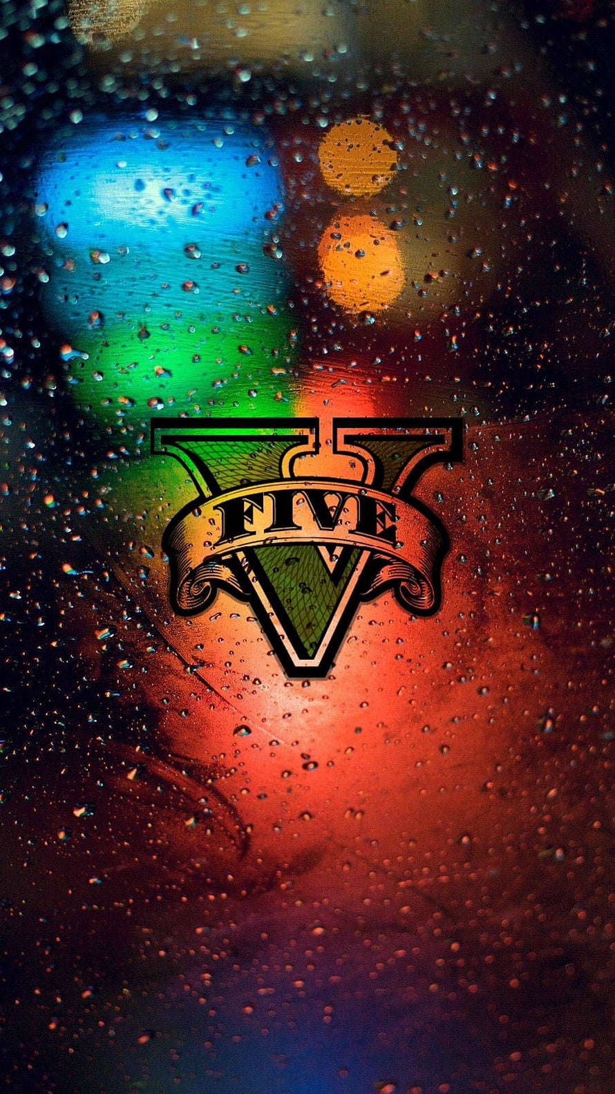 Grand Theft Auto V Logo on Rainy Window with Colorful Bokeh Lights HD phone wallpaper