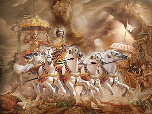 Arjuna and Krishna in the Chariot from the Mahabharata War HD wallpaper