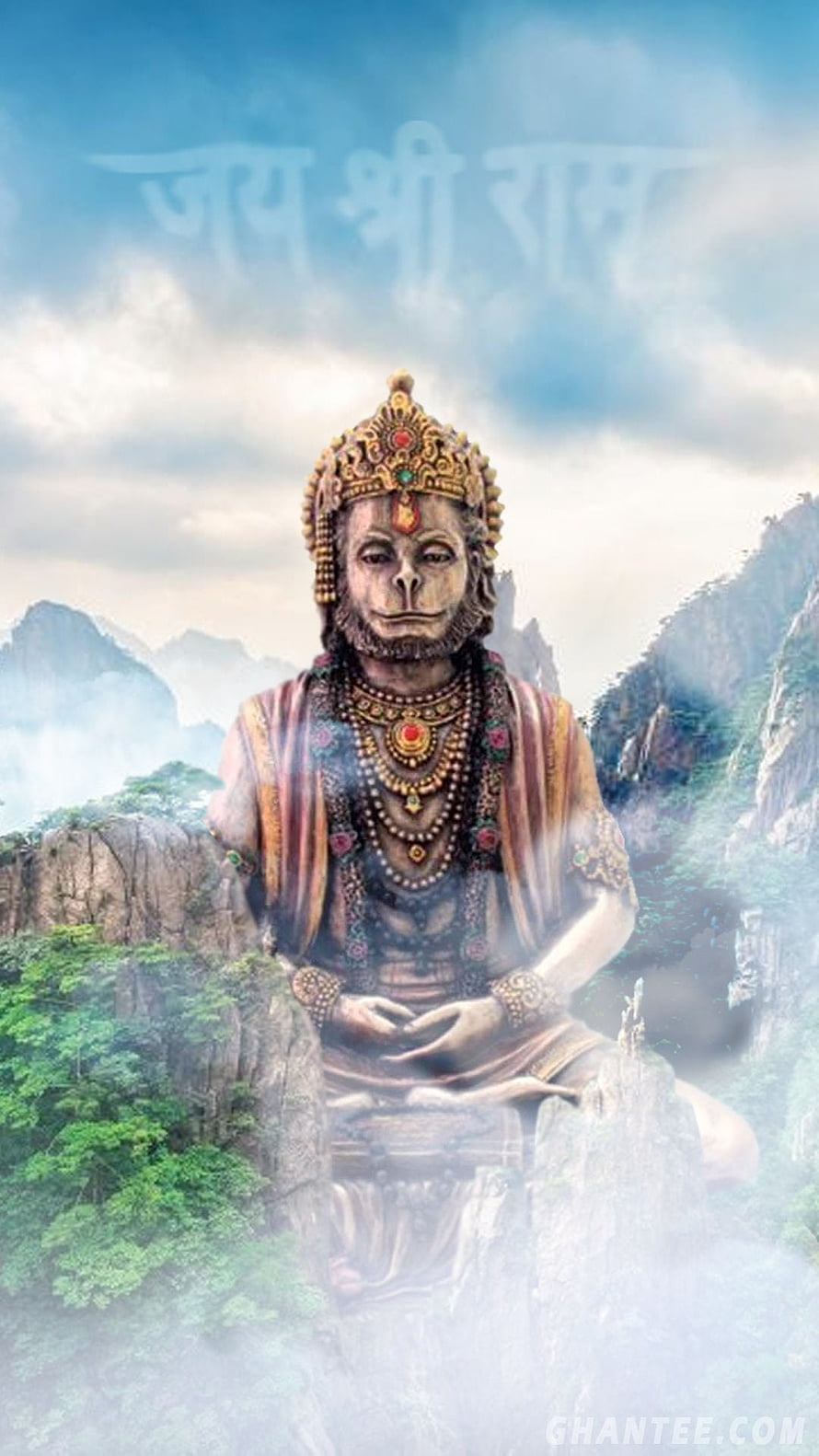 Meditating Hanuman Statue in Misty Mountains with Jay Shri Ram Text, hanuman ji – Ghantee, Hanuman Meditation HD phone wallpaper