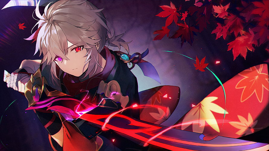 Kasuga from Honkai Star Rail wielding a glowing red sword amidst falling maple leaves HD wallpaper