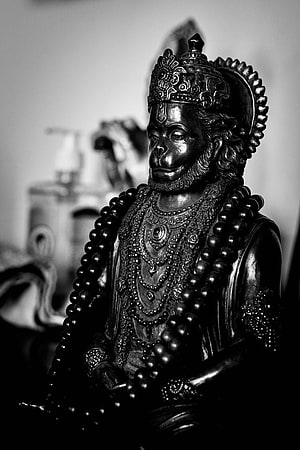 Black and white portrait of a detailed Hanuman statue adorned with beads and jewelry, Hanuman & status ideas in 2021. hanuman , hanuman, hanumanji, Lord Hanuman Black and White HD phone wallpaper