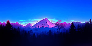 Vaporwave Mountain Range with Neon Purple Peaks and Dark Forest Silhouette HD wallpaper