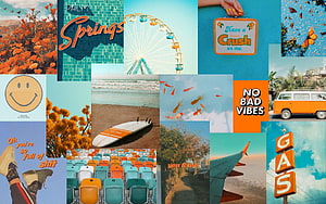 Retro Orange and Teal Summer Travel Collage with Vintage Signs and Beach Vibes HD wallpaper