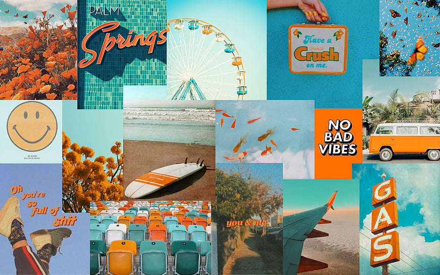 Retro Orange and Teal Summer Travel Collage with Vintage Signs and Beach Vibes HD wallpaper