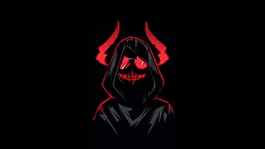 Red and Black Hooded Demon Figure with Glowing Eyes and Horns on Dark Background HD wallpaper