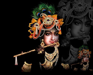Lord Krishna Playing Flute With Peacock Feather Crown And Gold Jewelry HD wallpaper