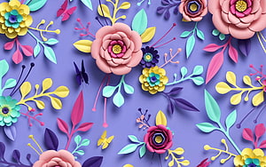 Colorful 3D Paper Cut Floral Pattern With Butterflies On Purple Background HD wallpaper