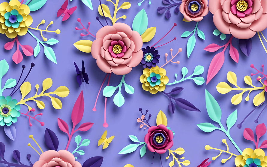 Colorful 3D Paper Cut Floral Pattern With Butterflies On Purple Background HD wallpaper