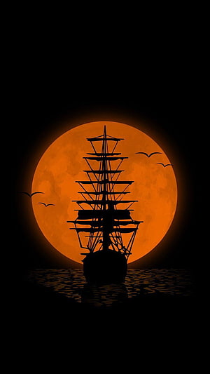 Silhouette of a tall sailing ship on the ocean against a giant orange moon with flying birds HD phone wallpaper