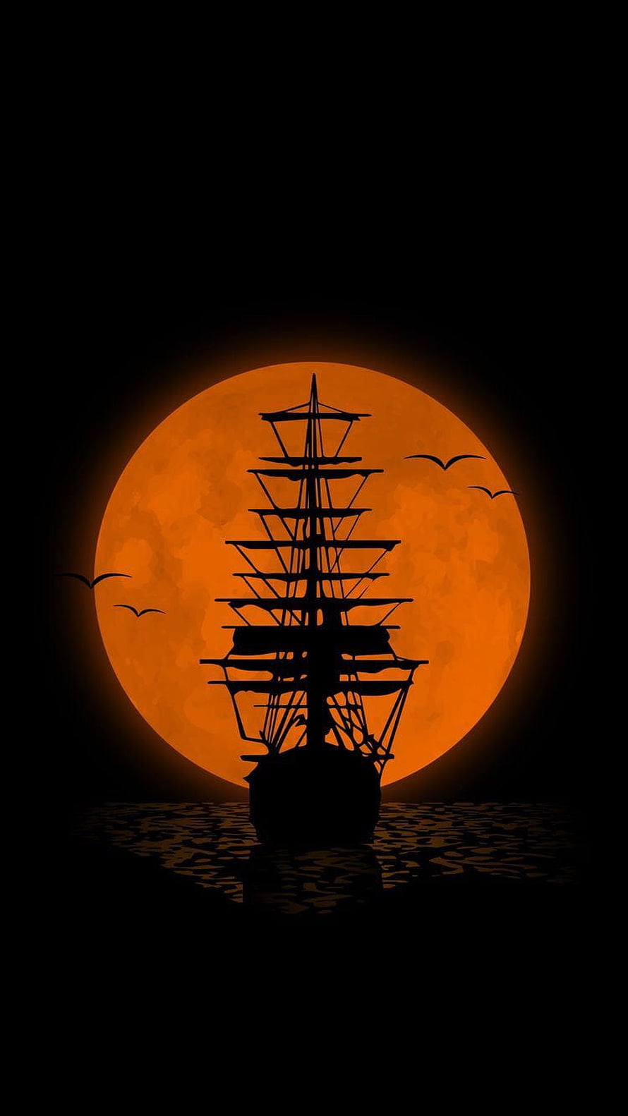 Silhouette of a tall sailing ship on the ocean against a giant orange moon with flying birds HD phone wallpaper
