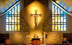 Modern Church Sanctuary With Stained Glass Windows And Central Crucifix Altar HD wallpaper