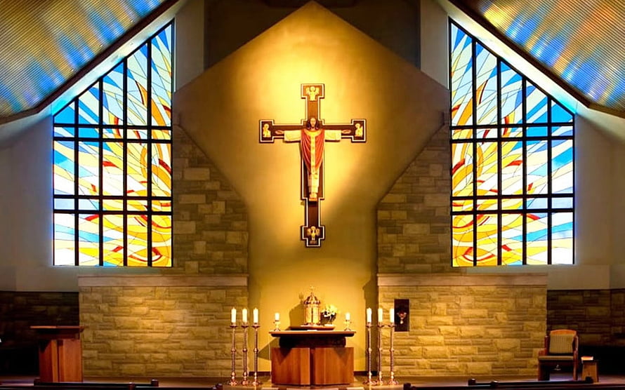 Modern Church Sanctuary With Stained Glass Windows And Central Crucifix Altar HD wallpaper