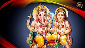 Ganesha and Lakshmi Hindu Deities Sitting Together with Peacock Feather Crown and Floral Garlands HD wallpaper