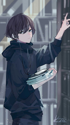 Anime Boy in Black Hoodie Holding Books and Phone with Earphones HD phone wallpaper