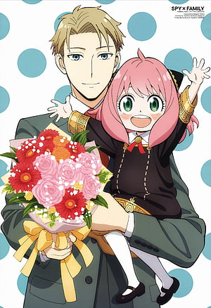 Loid and Anya from Spy x Family Holding a Vibrant Bouquet of Roses and Gerberas HD phone wallpaper