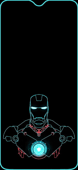 Iron Man Neon Wireframe Portrait with Glowing Arc Reactor on Black Background, Oneplus 6T amoled notch lock screen (Ironman) HD phone wallpaper