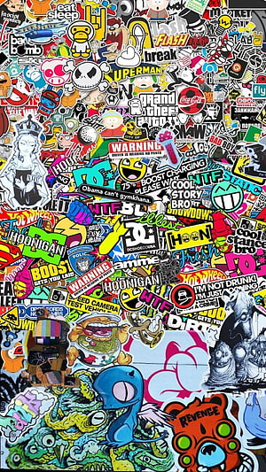 Chaotic collage of colorful stickers featuring pop culture characters, memes, and street art graphics HD phone wallpaper