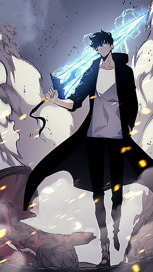 Solo Leveling Anime Character Wielding Glowing Blue Energy Sword in Dark Fantasy Setting HD phone wallpaper