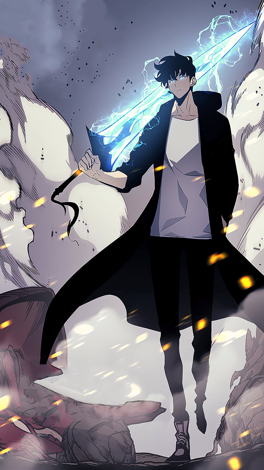 Solo Leveling Anime Character Wielding Glowing Blue Energy Sword in Dark Fantasy Setting HD phone wallpaper