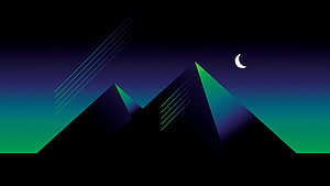 Minimalist Geometric Pyramids Under a Crescent Moon with Neon Green and Purple Gradient Sky HD wallpaper