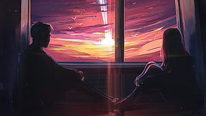 Silhouettes of a couple sitting by a window watching a vibrant sunset with birds flying in the sky HD wallpaper