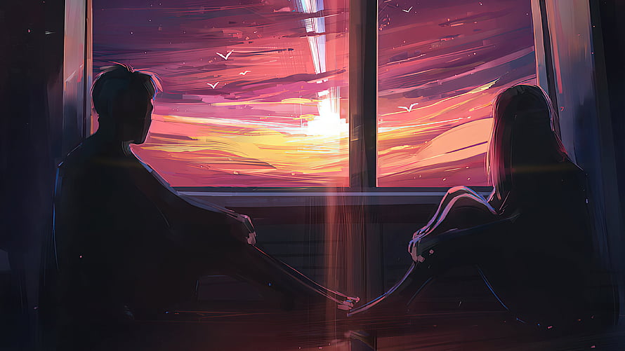 Silhouettes of a couple sitting by a window watching a vibrant sunset with birds flying in the sky HD wallpaper