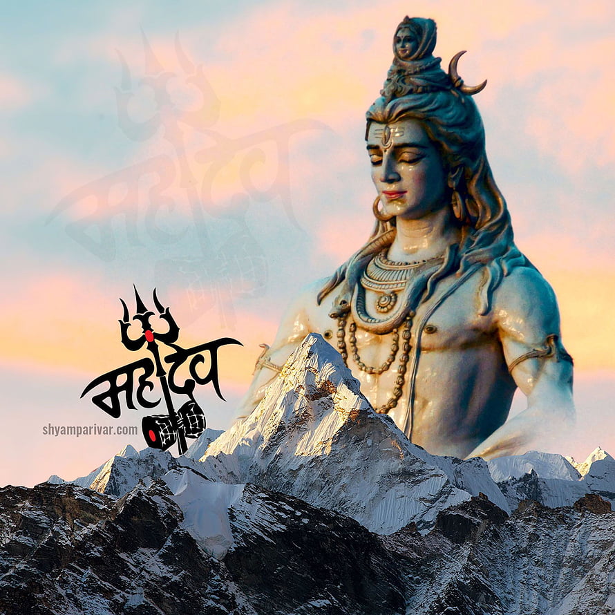 Majestic Shiva statue rising from snow-capped Himalayan peaks at sunset HD phone wallpaper