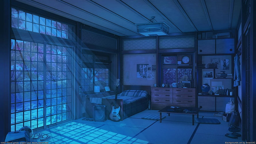 Blue Japanese Bedroom Interior With Guitar And Shoji Windows HD wallpaper
