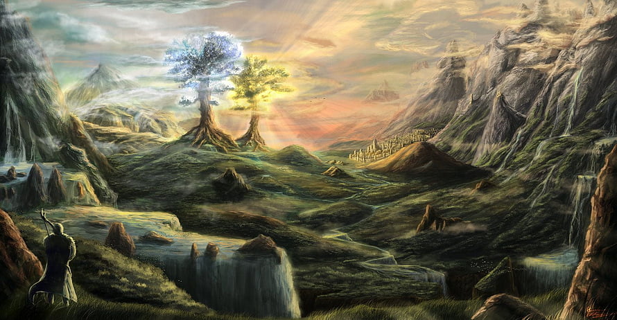 Valinor Fantasy Landscape with Glowing Trees and Distant City HD wallpaper